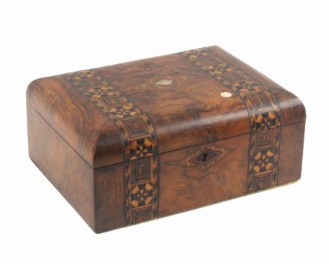 A walnut sewing box, of rectangular form, circa 1880, the front and lid with two bands of geometric mosaic, diamond escutcheo