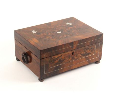 An inlaid rectangular rosewood sewing box, circa 1840, the front and lid inlaid with panels of scrolling foliage, the lid wit