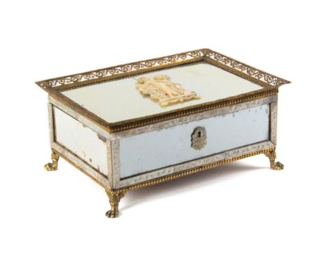 A fine early 19th Century Palais Royal musical writing implement box, the rectangular box in mirror glass, the lid centred by