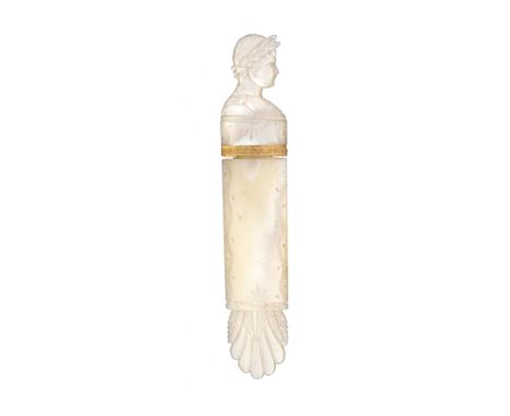 A Palais Royal carved mother of pearl needle case, of oval section, the cover carved with a bust portrait of a young Napoleon