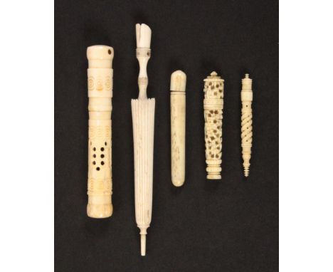 Five 19th Century bone or ivory cylinder needle cases, including a good spiral and pierced example, 5.5cms, another as a furl