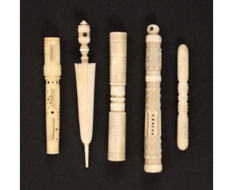 Five 19th Century bone or ivory cylinder form needle cases, including one as a furled umbrella, with Stanhope ( - Casino), 10