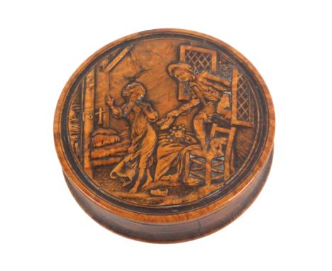 A late 18th/early 19th Century French pressed burr wood snuff box of circular form, the lid with an elaborate scene of a youn