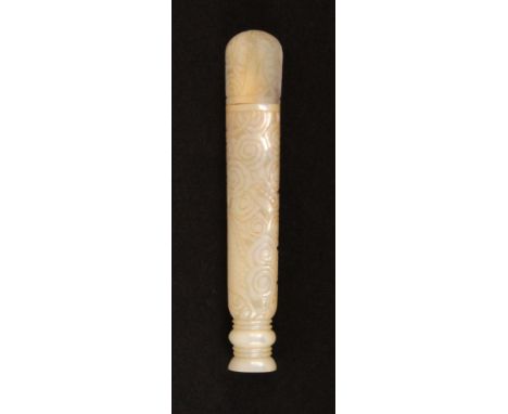 A good early 19th Century Chinese mother of pearl needle case, of tapering cylinder form to a circular base carved with a dra