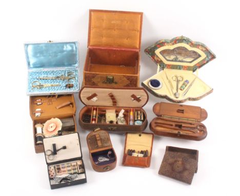 Ten various 20th Century sewing and other boxes, including an olive wood example, lacking lid mount and tools, 19cms.    (10)