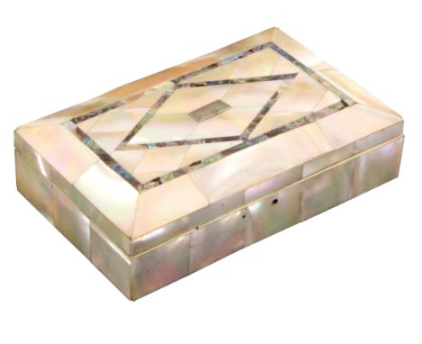A fitted mother of pearl decorated etui, circa 1860, of rectangular form with canted lid veneered in geometric pearl and abal