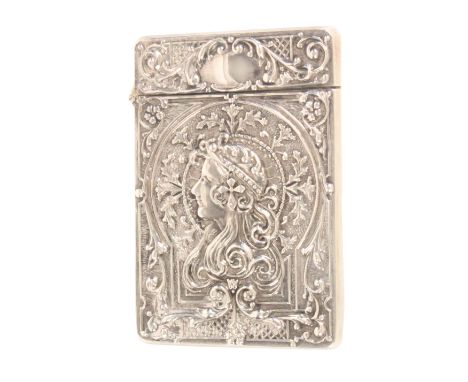 A silver card case of rectangular hinged lid form, one side with a female bust portrait in the Art Nouveau style believed to 