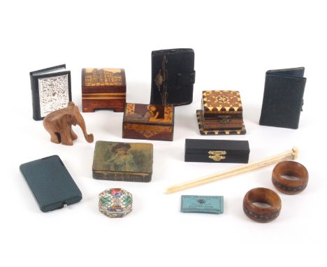 A mixed lot, comprising a modern oval Shaker style box, 22.5cms, various small boxes, folding brush, two needle wallets, pin 