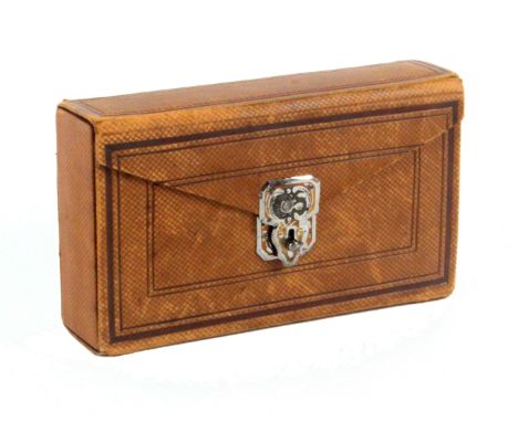 A late Palais Royal leather cased etui, the diced calf box with envelope flap with two colour steel catch, named to the inter