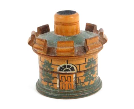 An early painted Tunbridge ware pin poppet in the form of a circular cottage, with domed crenelated roof centred by a chimney