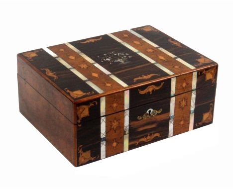 A coromandel and walnut sewing box with boxwood and mother of pearl inlay, circa 1860, the front and lid in alternate stripes