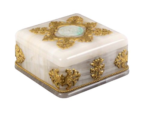 A Victorian polished onyx and gilt metal mounted sewing box of square form, the base rim with rope form gilt metal mount, the