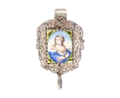 A late 18th Century continental silver filigree and enamel chatelaine mount, the hook with a single mark to a silver and flor