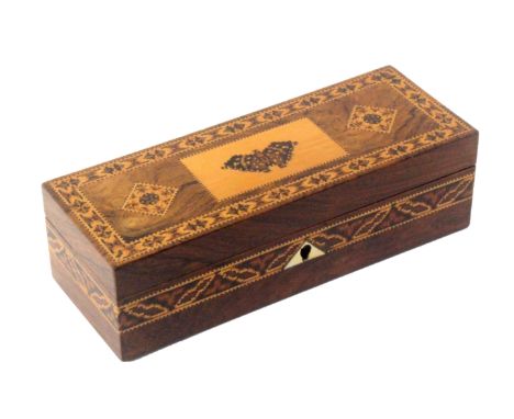 A rosewood Tunbridge ware box, of rectangular form, the sides with a band of geometric mosaic with a replacement ivory escutc