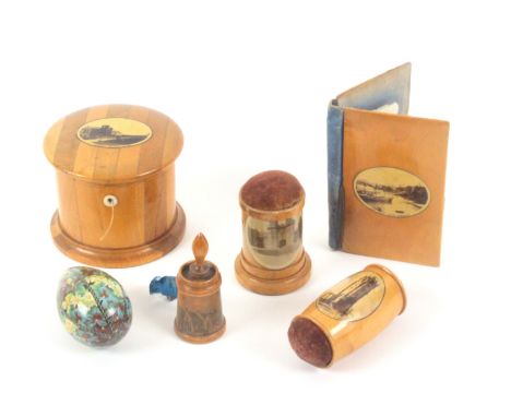 Mauchline ware - sewing - six pieces, comprising a cylinder form crochet ball holder in alternate light and dark woods (Allon