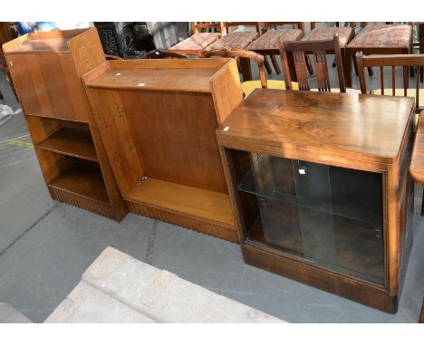 A MID CENTURY OAK BUREAU AND AN OPEN BOOKCASE EN SUITE, ON SCALLOPED BASE, 76 AND 91CM L AND AN ART DECO STYLE WALNUT CABINET