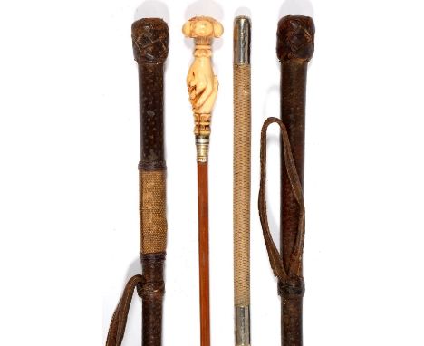 HORSEMANSHIP. TWO LADY'S WHIPS, C1900, ONE WITH EARLIER ASSOCIATED CARVED BONE CLASPED HANDS SEAL-HANDLE AND TWO STITCHED PIG