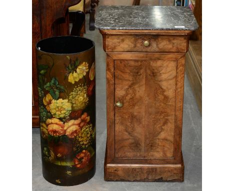 A FRENCH WALNUT PILLAR SHAED POT CUPBOARD, 19TH C, WITH MARBLE SLAB, 71CM H; 32 X 40CM AND A DECORATIVE CYLINDRICAL FLORAL PA