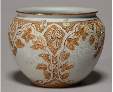 A CALVERT &amp; LOVATT LANGLEY ART POTTERY JARDINIERE, C1883-90, COVERED IN LIGHT BLUE SLIP AND CARVED AND INCISED WITH RESER