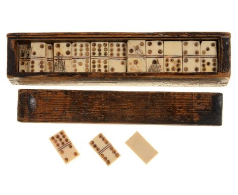 A SET OF VICTORIAN BONE 1" DOMINOES, MID 19TH C, IN A STAINED SOFT WOOD BOX WITH SLIDING LID Light wear consistent with age