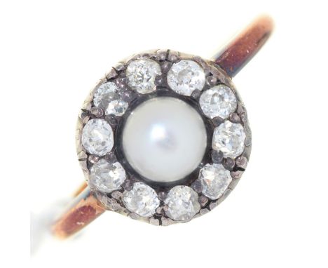 A PEARL AND DIAMOND CLUSTER RING, EARLY 20TH C, ADAPTED FROM A STICKPIN, GOLD HOOP, INDISTINCTLY MARKED 18C, 1.9G,&nbsp; SIZE