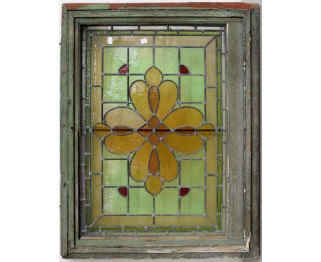 AN EDWARDIAN LEADED GLASS DOOR OR WINDOW LIGHT IN PAINTED WOOD FRAME, 70 X 88CM Evident from illustration