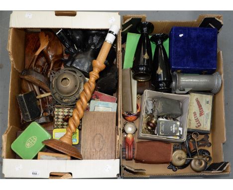 A PAIR OF JAPANNED METAL ART DECO VASES, MISCELLANEOUS TINS, WOODEN CARVINGS, CAST IRON DOOR FURNITURE, ETC 