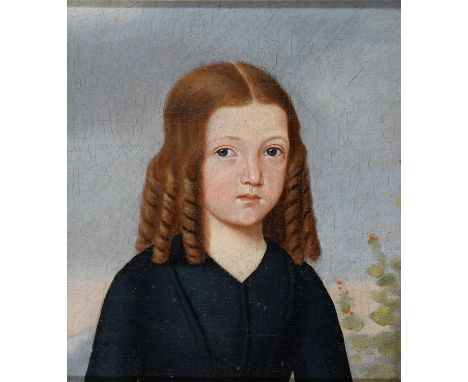 BRITISH NAÏVE ARTIST, 19TH C - PORTRAIT OF A GIRL, BUST LENGTH, HER HAIR IN RINGLETS, OIL ON CANVAS, 17.5 X 15.5CM, MAPLE FRA