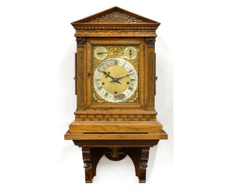 A GERMAN OAK ARCHITECTURAL CASED BRACKET CLOCK AND A BRACKET, LATE 19TH C, HAVING BRASS DIAL WITH MATTED CENTRE, SILVERED CHA