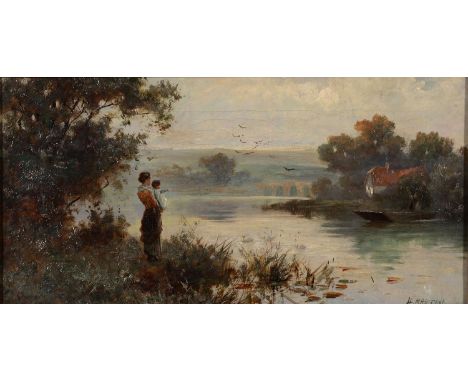 H MARTIN, LATE 19TH CENTURY - WAITING FOR THE FERRY, SIGNED, OIL ON CANVAS, 18.5 X 39CM Varnish requires a light clean, in mo