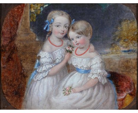VICTORIAN SCHOOL - PORTRAIT OF TWO YOUNG CHILDREN, EACH IN A CORAL NECKLACE AND HOLDING FLOWERS, OIL ON CANVAS, 18 X 2.5CM Un