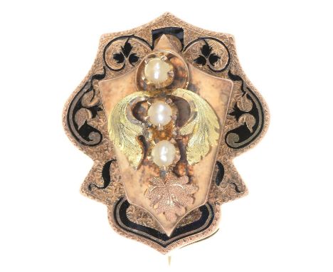 A VICTORIAN&nbsp; SPLIT PEARL AND THREE COLOUR GOLD AND&nbsp; ENAMEL MOURNING SLIDE, C1870, ADAPTED AS A BROOCH, 32MM, 13.9G 
