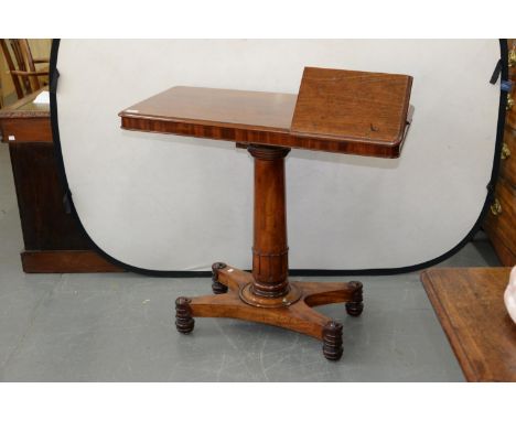A VICTORIAN TELESCOPIC MAHOGANY TABLE, THE OBLONG TOP WITH TWO OPPOSING ADJUSTABLE FLAPS ON TAPERING PILLAR, PLATFORM AND TUR