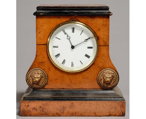 A FRENCH WALNUT AND EBONISED MANTLE CLOCK, LATE 19TH C, WITH BRASS LION MASK APPLIQUES, THE ENAMEL DIAL WITH BREGUET HANDS AN