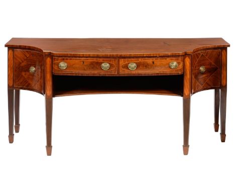 A MAHOGANY, SATINWOOD AND LINE INLAID SIDEBOARD, 19TH C, FITTED WITH TWO DRAWERS AND TWO PIVOTTED CAVETTO DOORS, ON SIX SQUAR