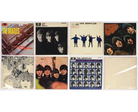 VINTAGE VINYL RECORDS. THE BEATLES, THE FIRST EIGHT ALBUMS, PLEASE?, WITH?, HELP!, RUBBER..., REVOLVER, BEATLES FOR SALE, A H