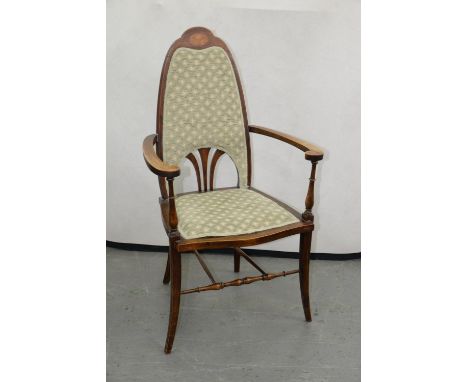 AN ART NOUVEAU INLAID MAHOGANY ARMCHAIR, C1910, WITH PADDED BACK AND SEAT, 104CM H Complete and undamaged, joints slightly lo