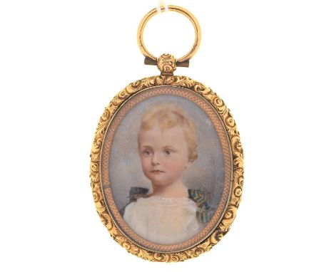 A VICTORIAN CHASED GILTMETAL LOCKET WITH FOLIATE ENGRAVED GOLD BACK, C1870, CONTAINING A TINTED&nbsp; PHOTOGRAPHIC MINIATURE&