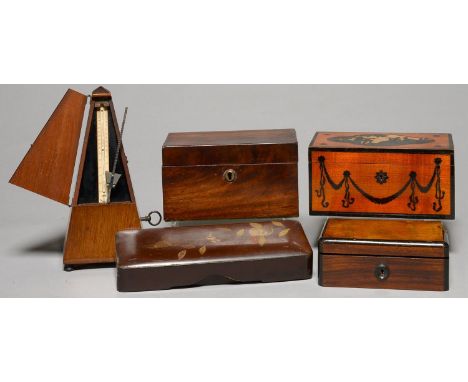 A FRENCH STAINED AND SILHOUETTE INLAID DECORATIVE BOX, C1920, 19CM L, A VICTORIAN MAHOGANY TEA CADDY (GUTTED), A JAPANESE LAC