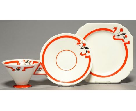 AN ART DECO SHELLEY BONE CHINA TEA SERVICE,&nbsp; 'J' PATTERN&nbsp; COMPRISING SIX TEACUPS, SAUCERS AND PLATES OF VOGUE SHAPE