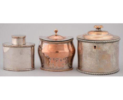 TWO OLD SHEFFIELD PLATE TEA CADDIES, EARLY 19TH C, THE LARGER GADROONED ROUND EXAMPLE WITH LOCK, 11.5CM H AND A PLATED OVAL T