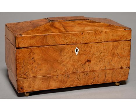 A GEORGE IV YEW WOOD AND LINE INLAID TEA CADDY, C1830, 30CM L Faded to a light golden colour, lid detached, hinges original, 
