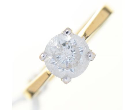 A DIAMOND SOLITAIRE RING, THE ROUND BRILLIANT CUT DIAMOND WEIGHING APPROX 1CT, GOLD HOOP UNMARKED, 3.2G APPROX, SIZE K Good c