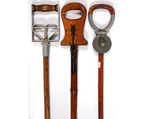 A BAMBOO, BEECH AND BLACK PAINTED IRON SHOOTING STICK, EARLY 20TH C, 87CM L AND TWO OTHER LATER ALLOY MOUNTED SHOOTING STICKS