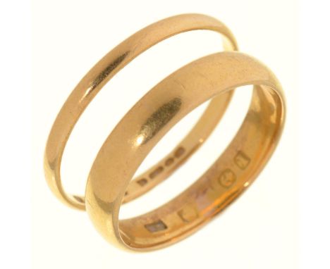 A 22CT GOLD&nbsp; WEDDING RING, BIRMINGHAM 1951, 2G AND A GOLD WEDDING BAND, MARKS RUBBED, BIRMINGHAM 1910, 5.2G, SIZES&nbsp;