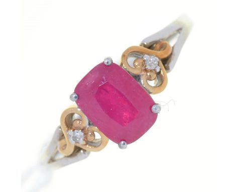 A&nbsp; RUBY RING WITH DIAMOND SHOULDERS, SET IN GOLD, SILVER HOOP MARKED 925 375, 1.8G,&nbsp; SIZE L½ Much accretion of dirt