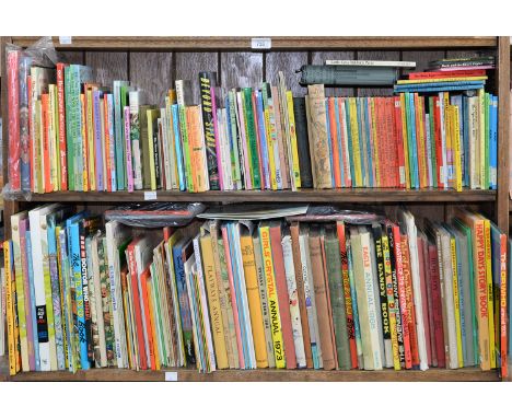 FIVE SHELVES OF CHILDREN'S BOOKS, INCLUDING VINTAGE RUPERT AND OTHER ANNUALS, ROVER BOOK FOR BOYS, THE BOYS BOOK OF MECHANICS