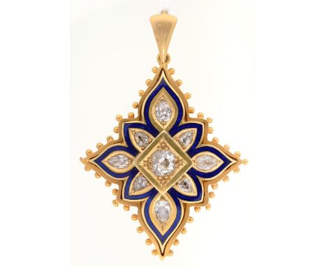A VICTORIAN DIAMOND AND GOLD AND BLUE ENAMEL PENDANT, C1860, OF LOZENGE SHAPE WITH GOLD LOOP, 36 X 31MM OVERALL, 9.8G 