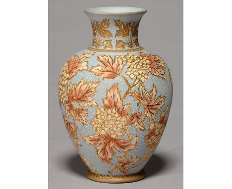 A CALVERT &amp; LOVATT LANGLEY ART POTTERY VASE, C1890-95, COVERED IN BLUE SLIP AND DECORATED BY DAISEY CALVERT WITH FLOWERS 