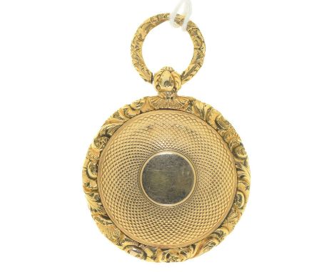 A GOLD VINAIGRETTE, C1840 OF WATCH CASE FORM, THE GRILLE ENGRAVED AS A FLOWER IN A POT FLANKED BY FOLIAGE, THE BACK AND FRONT